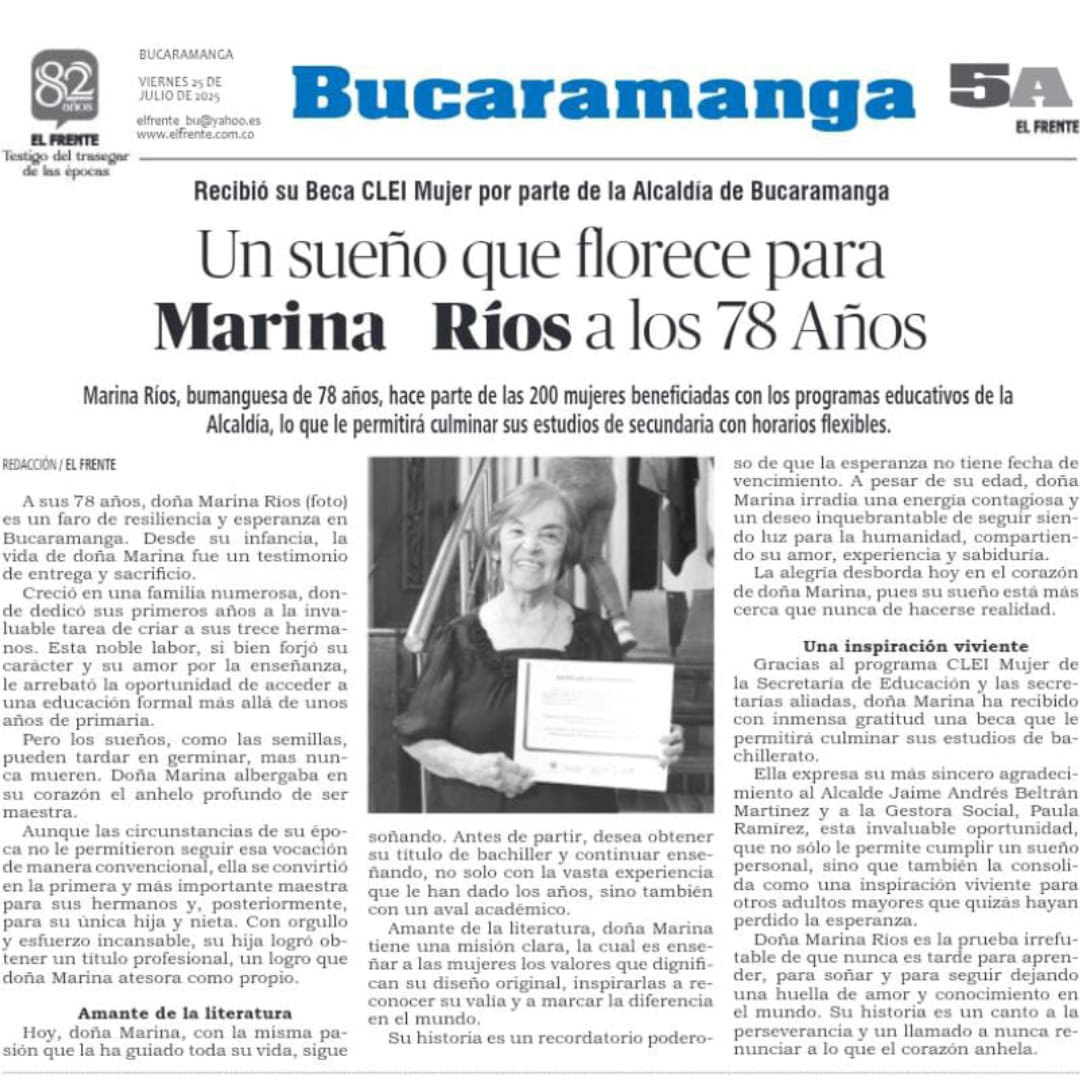 Artículo de El Frente sobre beneficiaria del programa CLEI Mujer